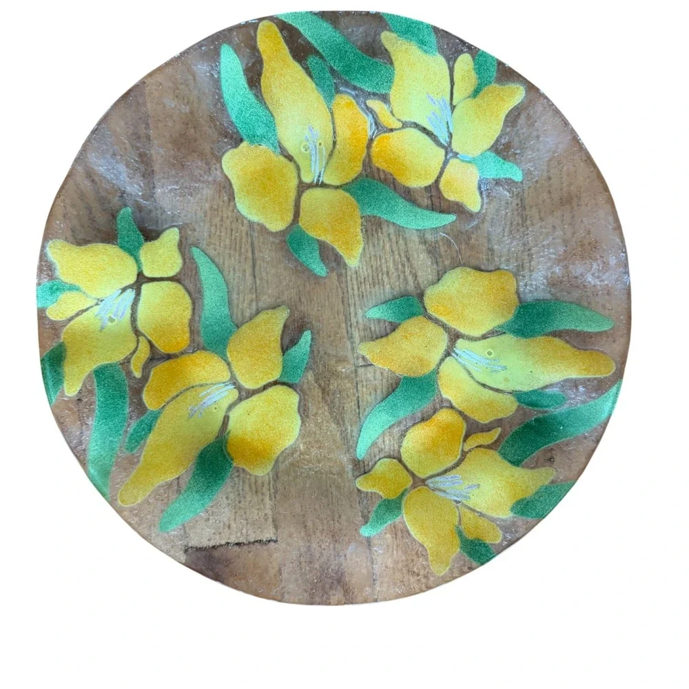 Large Fused Art Glass Platter Yellow Lily Floral Textured 14